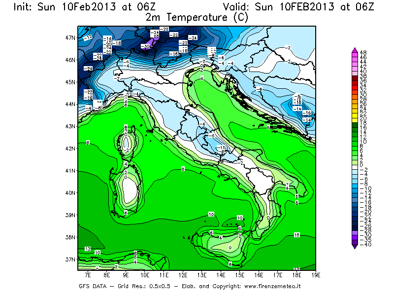 Mappa di analisi GFS - Temperatura a 2 metri dal suolo [°C] in Italia
							del 10/02/2013 06 <!--googleoff: index-->UTC<!--googleon: index-->