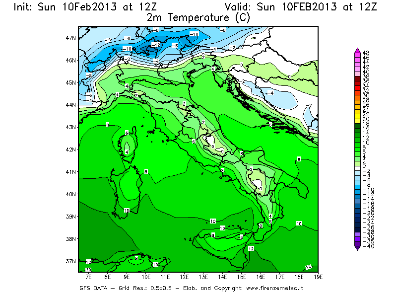Mappa di analisi GFS - Temperatura a 2 metri dal suolo [°C] in Italia
							del 10/02/2013 12 <!--googleoff: index-->UTC<!--googleon: index-->
