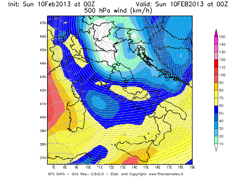 Mappa di analisi GFS - Velocità del vento a 500 hPa [km/h] in Italia
							del 10/02/2013 00 <!--googleoff: index-->UTC<!--googleon: index-->