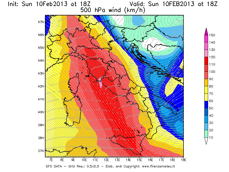 Mappa di analisi GFS - Velocità del vento a 500 hPa [km/h] in Italia
							del 10/02/2013 18 <!--googleoff: index-->UTC<!--googleon: index-->