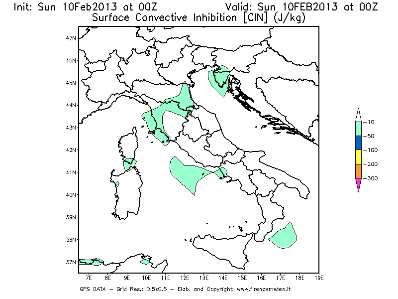 Mappa di analisi GFS - CIN [J/kg] in Italia
							del 10/02/2013 00 <!--googleoff: index-->UTC<!--googleon: index-->