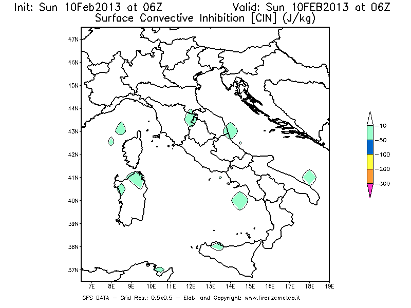 Mappa di analisi GFS - CIN [J/kg] in Italia
							del 10/02/2013 06 <!--googleoff: index-->UTC<!--googleon: index-->