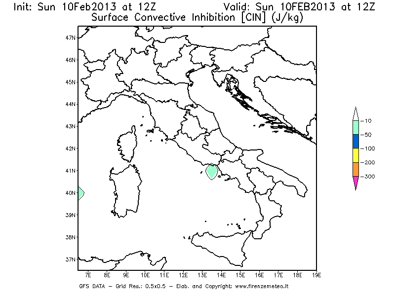 Mappa di analisi GFS - CIN [J/kg] in Italia
							del 10/02/2013 12 <!--googleoff: index-->UTC<!--googleon: index-->