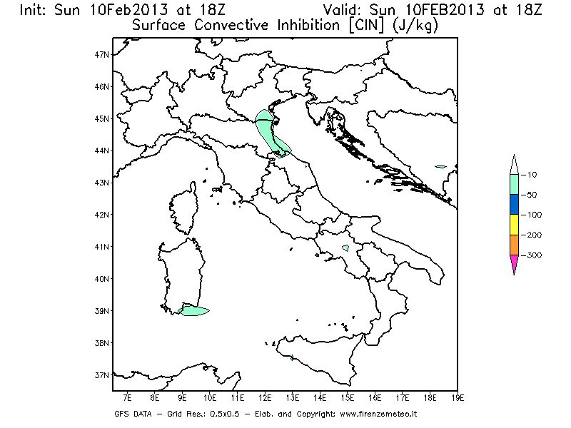 Mappa di analisi GFS - CIN [J/kg] in Italia
							del 10/02/2013 18 <!--googleoff: index-->UTC<!--googleon: index-->