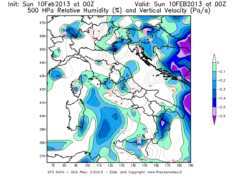 Mappa di analisi GFS - Umidità relativa [%] e Omega [Pa/s] a 500 hPa in Italia
							del 10/02/2013 00 <!--googleoff: index-->UTC<!--googleon: index-->