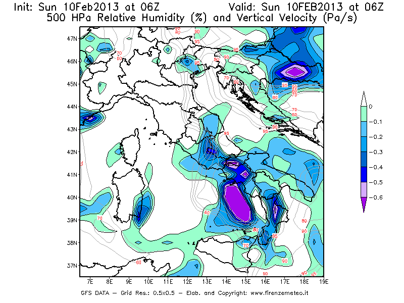 Mappa di analisi GFS - Umidità relativa [%] e Omega [Pa/s] a 500 hPa in Italia
							del 10/02/2013 06 <!--googleoff: index-->UTC<!--googleon: index-->