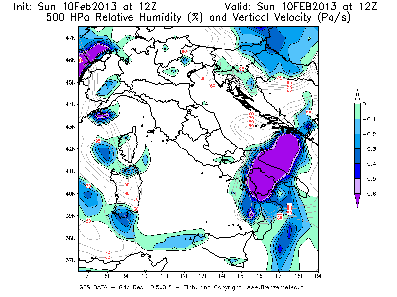 Mappa di analisi GFS - Umidità relativa [%] e Omega [Pa/s] a 500 hPa in Italia
							del 10/02/2013 12 <!--googleoff: index-->UTC<!--googleon: index-->