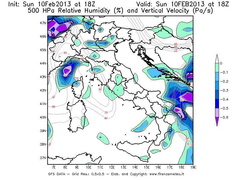 Mappa di analisi GFS - Umidità relativa [%] e Omega [Pa/s] a 500 hPa in Italia
							del 10/02/2013 18 <!--googleoff: index-->UTC<!--googleon: index-->