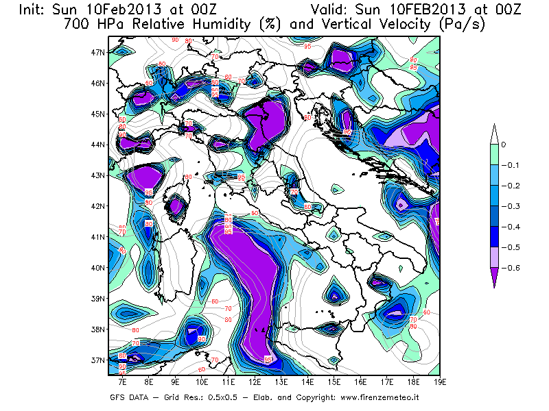 Mappa di analisi GFS - Umidità relativa [%] e Omega [Pa/s] a 700 hPa in Italia
							del 10/02/2013 00 <!--googleoff: index-->UTC<!--googleon: index-->