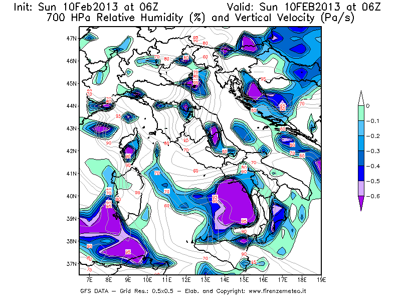 Mappa di analisi GFS - Umidità relativa [%] e Omega [Pa/s] a 700 hPa in Italia
							del 10/02/2013 06 <!--googleoff: index-->UTC<!--googleon: index-->