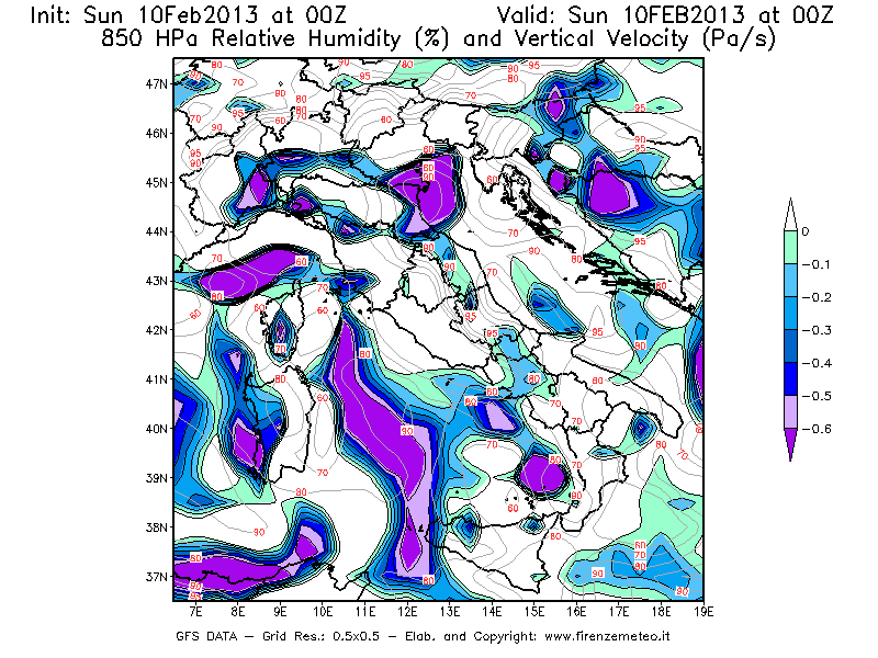 Mappa di analisi GFS - Umidità relativa [%] e Omega [Pa/s] a 850 hPa in Italia
							del 10/02/2013 00 <!--googleoff: index-->UTC<!--googleon: index-->
