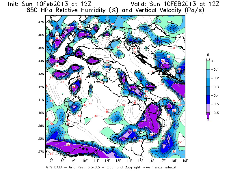 Mappa di analisi GFS - Umidità relativa [%] e Omega [Pa/s] a 850 hPa in Italia
							del 10/02/2013 12 <!--googleoff: index-->UTC<!--googleon: index-->