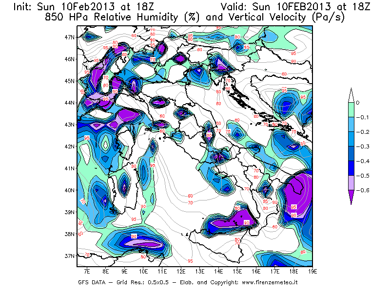 Mappa di analisi GFS - Umidità relativa [%] e Omega [Pa/s] a 850 hPa in Italia
							del 10/02/2013 18 <!--googleoff: index-->UTC<!--googleon: index-->