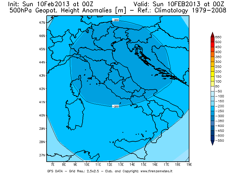 Mappa di analisi GFS - Anomalia di Geopotenziale a 500 hPa in Italia
							del 10/02/2013 00 <!--googleoff: index-->UTC<!--googleon: index-->