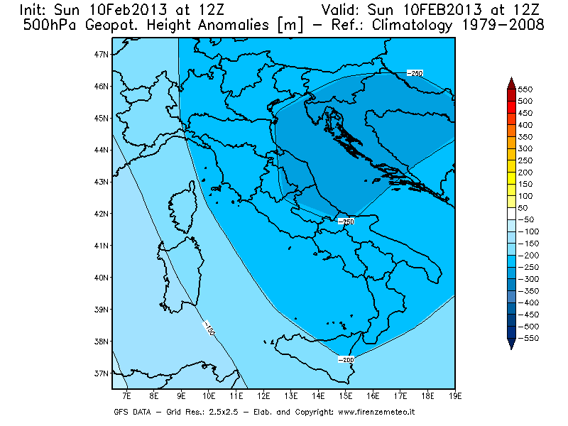 Mappa di analisi GFS - Anomalia di Geopotenziale a 500 hPa in Italia
							del 10/02/2013 12 <!--googleoff: index-->UTC<!--googleon: index-->