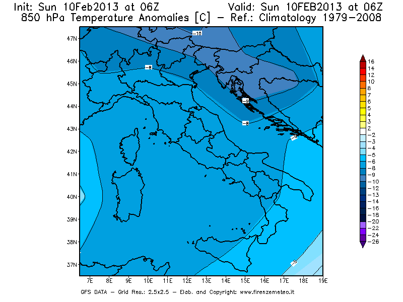 Mappa di analisi GFS - Anomalia Temperatura [°C] a 850 hPa in Italia
							del 10/02/2013 06 <!--googleoff: index-->UTC<!--googleon: index-->