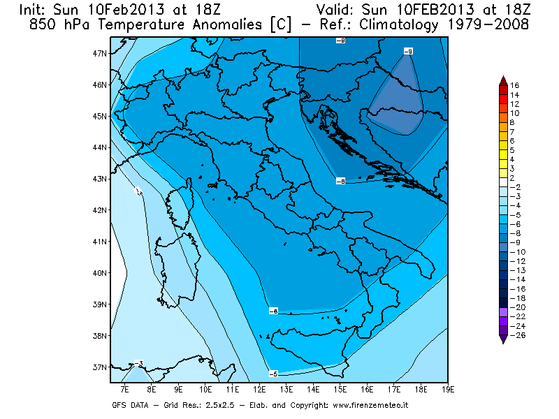 Mappa di analisi GFS - Anomalia Temperatura [°C] a 850 hPa in Italia
							del 10/02/2013 18 <!--googleoff: index-->UTC<!--googleon: index-->