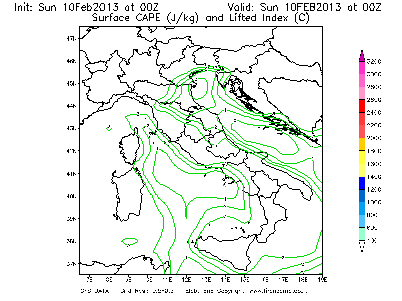Mappa di analisi GFS - CAPE [J/kg] e Lifted Index [°C] in Italia
							del 10/02/2013 00 <!--googleoff: index-->UTC<!--googleon: index-->