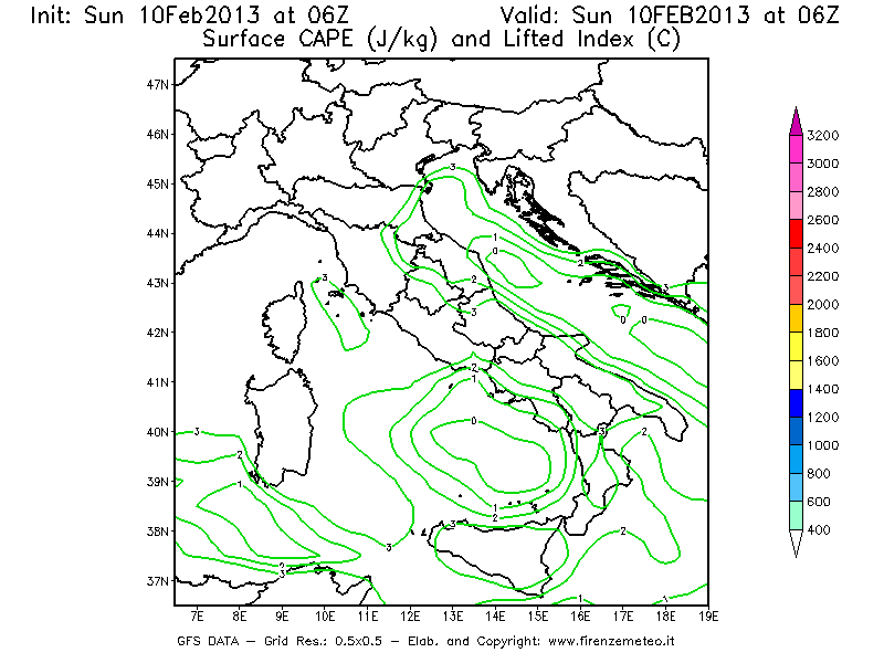 Mappa di analisi GFS - CAPE [J/kg] e Lifted Index [°C] in Italia
							del 10/02/2013 06 <!--googleoff: index-->UTC<!--googleon: index-->