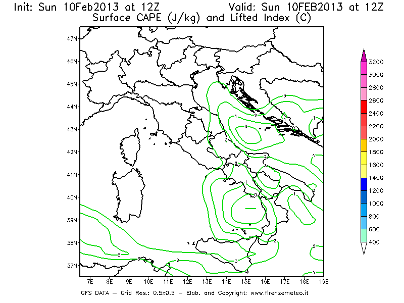 Mappa di analisi GFS - CAPE [J/kg] e Lifted Index [°C] in Italia
							del 10/02/2013 12 <!--googleoff: index-->UTC<!--googleon: index-->