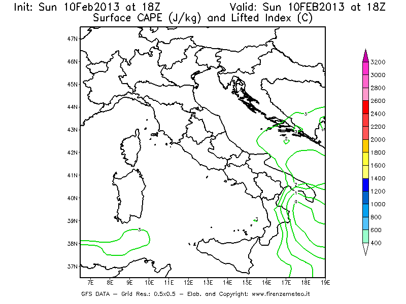 Mappa di analisi GFS - CAPE [J/kg] e Lifted Index [°C] in Italia
							del 10/02/2013 18 <!--googleoff: index-->UTC<!--googleon: index-->