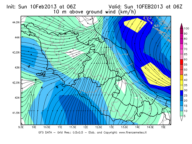 Mappa di analisi GFS - Velocità del vento a 10 metri dal suolo [km/h] in Centro-Italia
							del 10/02/2013 06 <!--googleoff: index-->UTC<!--googleon: index-->