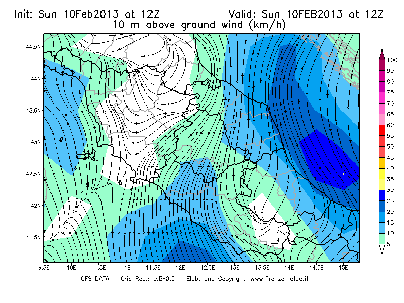 Mappa di analisi GFS - Velocità del vento a 10 metri dal suolo [km/h] in Centro-Italia
							del 10/02/2013 12 <!--googleoff: index-->UTC<!--googleon: index-->