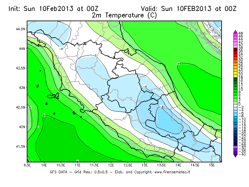 Mappa di analisi GFS - Temperatura a 2 metri dal suolo [°C] in Centro-Italia
							del 10/02/2013 00 <!--googleoff: index-->UTC<!--googleon: index-->