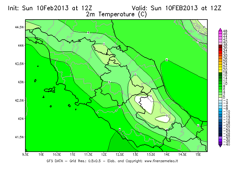 Mappa di analisi GFS - Temperatura a 2 metri dal suolo [°C] in Centro-Italia
							del 10/02/2013 12 <!--googleoff: index-->UTC<!--googleon: index-->