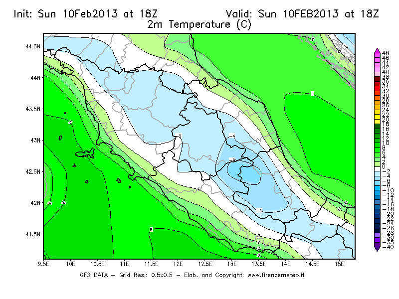 Mappa di analisi GFS - Temperatura a 2 metri dal suolo [°C] in Centro-Italia
							del 10/02/2013 18 <!--googleoff: index-->UTC<!--googleon: index-->