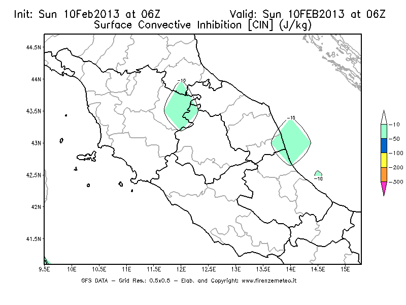 Mappa di analisi GFS - CIN [J/kg] in Centro-Italia
							del 10/02/2013 06 <!--googleoff: index-->UTC<!--googleon: index-->