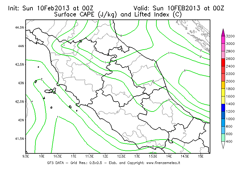 Mappa di analisi GFS - CAPE [J/kg] e Lifted Index [°C] in Centro-Italia
							del 10/02/2013 00 <!--googleoff: index-->UTC<!--googleon: index-->