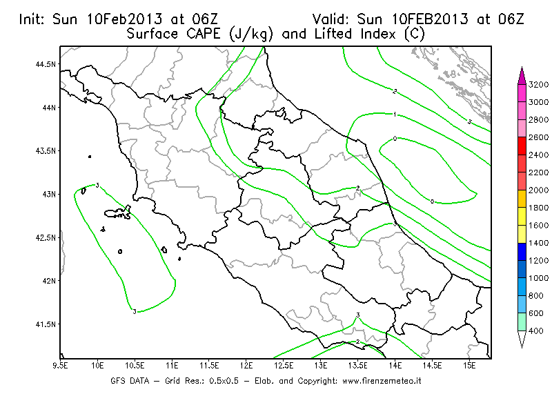 Mappa di analisi GFS - CAPE [J/kg] e Lifted Index [°C] in Centro-Italia
							del 10/02/2013 06 <!--googleoff: index-->UTC<!--googleon: index-->