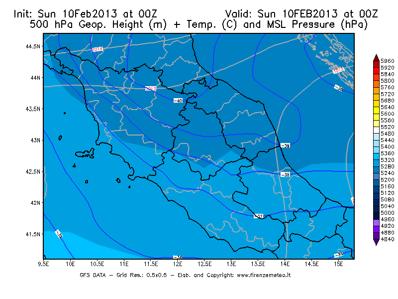 Mappa di analisi GFS - Geopotenziale [m] + Temp. [°C] a 500 hPa + Press. a livello del mare [hPa] in Centro-Italia
							del 10/02/2013 00 <!--googleoff: index-->UTC<!--googleon: index-->