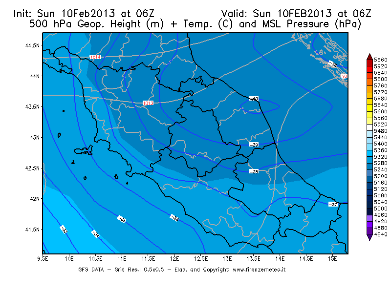 Mappa di analisi GFS - Geopotenziale [m] + Temp. [°C] a 500 hPa + Press. a livello del mare [hPa] in Centro-Italia
							del 10/02/2013 06 <!--googleoff: index-->UTC<!--googleon: index-->