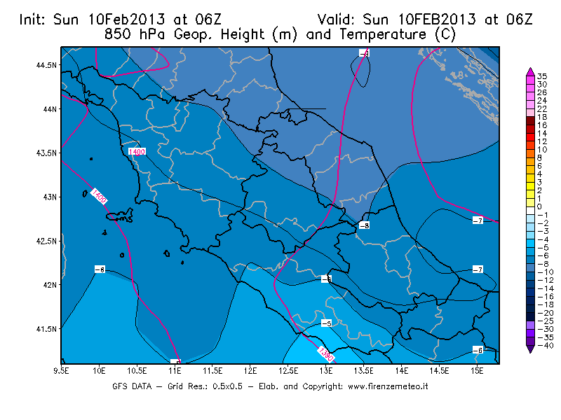 Mappa di analisi GFS - Geopotenziale [m] e Temperatura [°C] a 850 hPa in Centro-Italia
							del 10/02/2013 06 <!--googleoff: index-->UTC<!--googleon: index-->