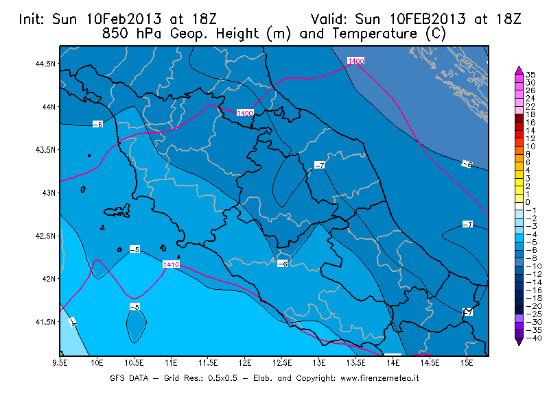 Mappa di analisi GFS - Geopotenziale [m] e Temperatura [°C] a 850 hPa in Centro-Italia
							del 10/02/2013 18 <!--googleoff: index-->UTC<!--googleon: index-->