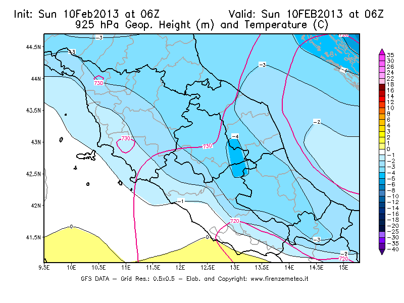 Mappa di analisi GFS - Geopotenziale [m] e Temperatura [°C] a 925 hPa in Centro-Italia
							del 10/02/2013 06 <!--googleoff: index-->UTC<!--googleon: index-->