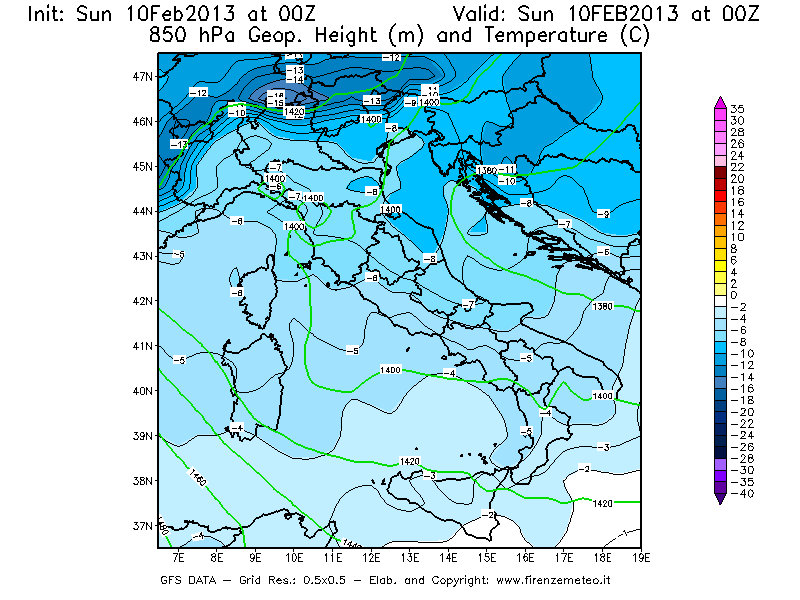 Mappa di analisi GFS - Geopotenziale [m] e Temperatura [°C] a 850 hPa in Italia
							del 10/02/2013 00 <!--googleoff: index-->UTC<!--googleon: index-->