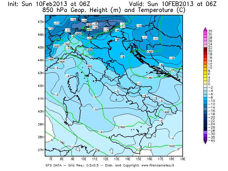 Mappa di analisi GFS - Geopotenziale [m] e Temperatura [°C] a 850 hPa in Italia
							del 10/02/2013 06 <!--googleoff: index-->UTC<!--googleon: index-->