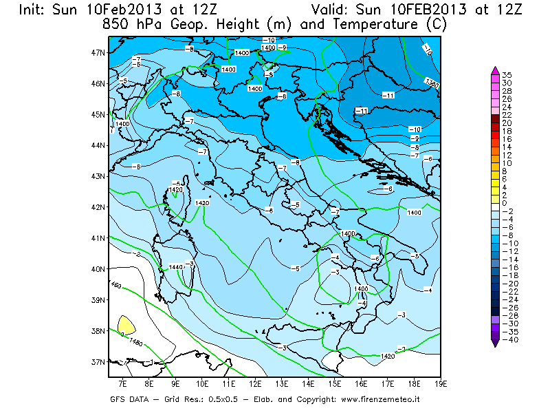 Mappa di analisi GFS - Geopotenziale [m] e Temperatura [°C] a 850 hPa in Italia
							del 10/02/2013 12 <!--googleoff: index-->UTC<!--googleon: index-->