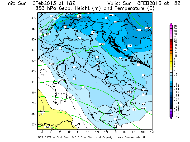 Mappa di analisi GFS - Geopotenziale [m] e Temperatura [°C] a 850 hPa in Italia
							del 10/02/2013 18 <!--googleoff: index-->UTC<!--googleon: index-->