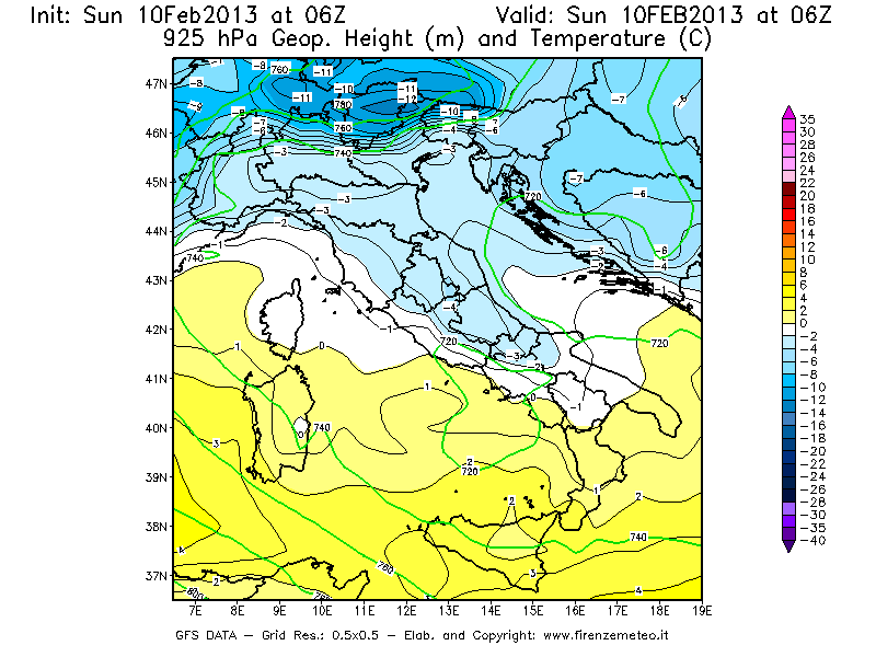 Mappa di analisi GFS - Geopotenziale [m] e Temperatura [°C] a 925 hPa in Italia
							del 10/02/2013 06 <!--googleoff: index-->UTC<!--googleon: index-->