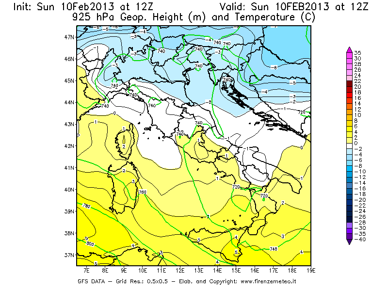 Mappa di analisi GFS - Geopotenziale [m] e Temperatura [°C] a 925 hPa in Italia
							del 10/02/2013 12 <!--googleoff: index-->UTC<!--googleon: index-->
