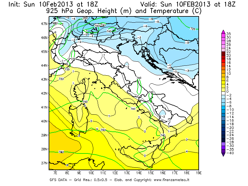 Mappa di analisi GFS - Geopotenziale [m] e Temperatura [°C] a 925 hPa in Italia
							del 10/02/2013 18 <!--googleoff: index-->UTC<!--googleon: index-->
