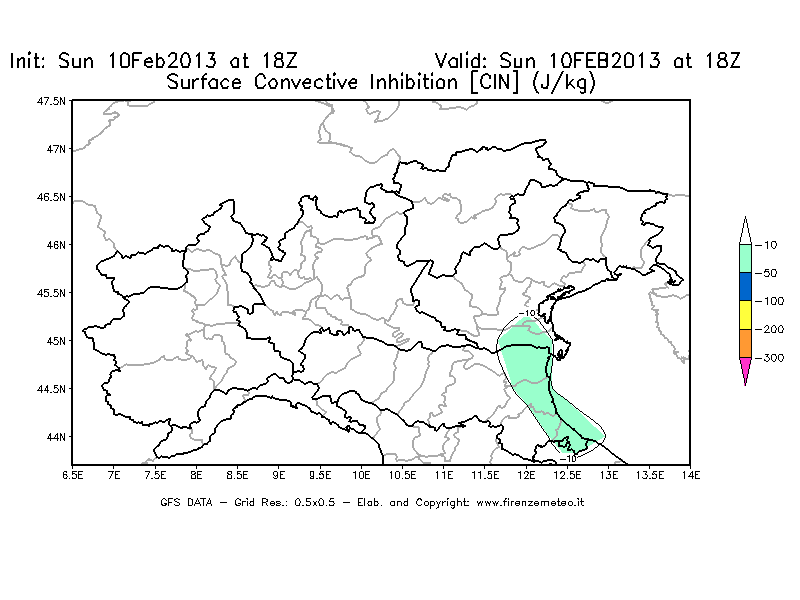 Mappa di analisi GFS - CIN [J/kg] in Nord-Italia
							del 10/02/2013 18 <!--googleoff: index-->UTC<!--googleon: index-->