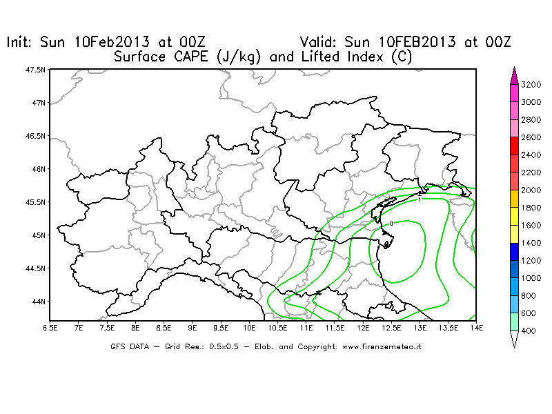 Mappa di analisi GFS - CAPE [J/kg] e Lifted Index [°C] in Nord-Italia
							del 10/02/2013 00 <!--googleoff: index-->UTC<!--googleon: index-->