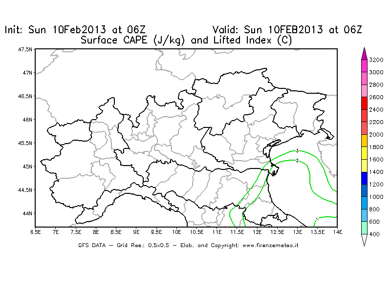 Mappa di analisi GFS - CAPE [J/kg] e Lifted Index [°C] in Nord-Italia
							del 10/02/2013 06 <!--googleoff: index-->UTC<!--googleon: index-->