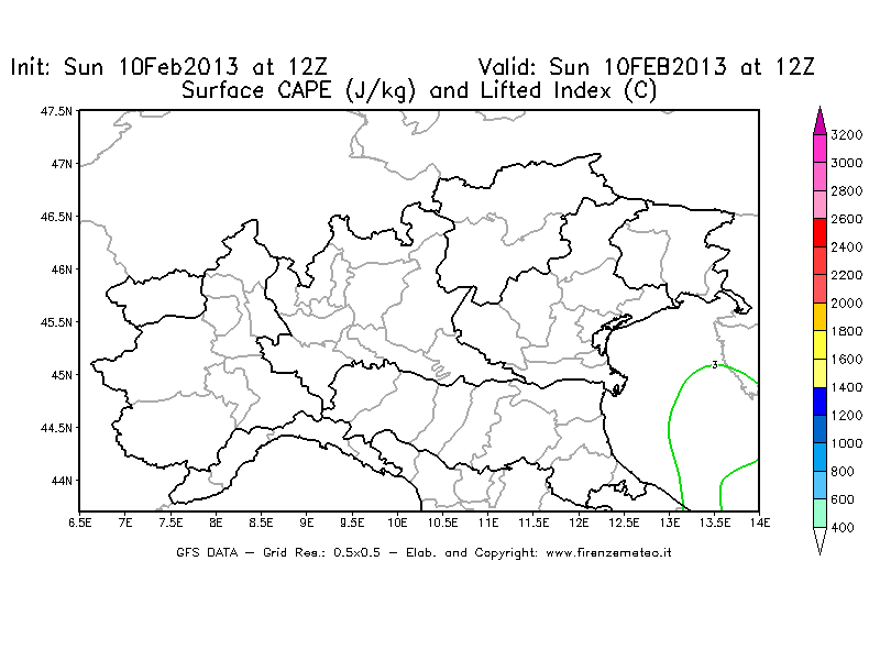 Mappa di analisi GFS - CAPE [J/kg] e Lifted Index [°C] in Nord-Italia
							del 10/02/2013 12 <!--googleoff: index-->UTC<!--googleon: index-->