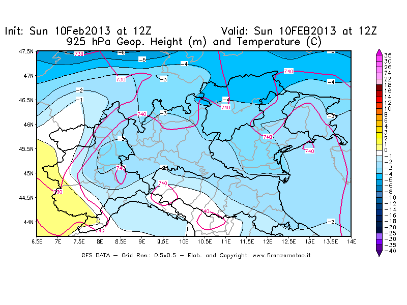 Mappa di analisi GFS - Geopotenziale [m] e Temperatura [°C] a 925 hPa in Nord-Italia
							del 10/02/2013 12 <!--googleoff: index-->UTC<!--googleon: index-->